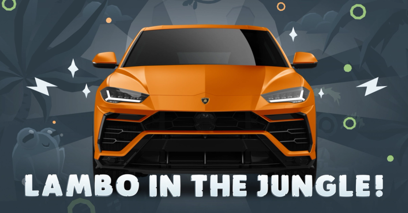 An orange Lamborghini with the phrase "Lambo in the jungle" below.