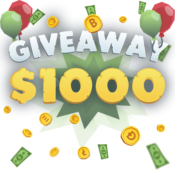 Text saying giveaway $1000. The giveaway word is being held by four red and green balloons, two on each side. Bills and coins are floating around.