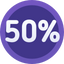50% in the middle of a purple circle.