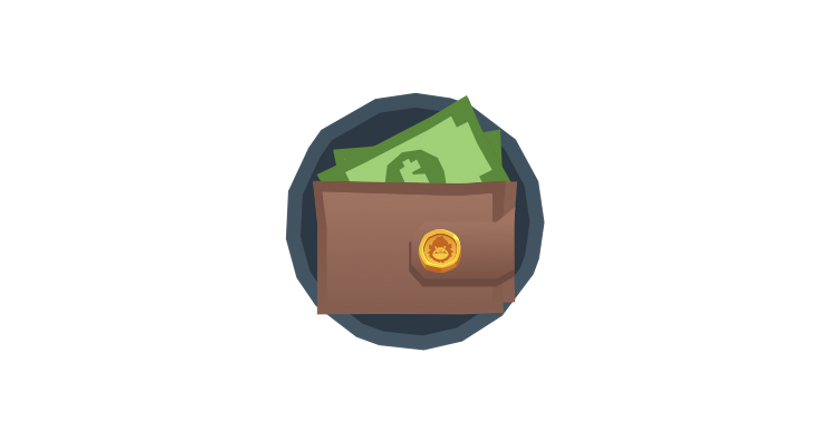 A wallet with bills coming out of it, in the middle of a grey circle.