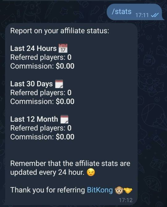 The message that pops up when you write the command "stats" on BitKong's Telegram Affiliate Bot.