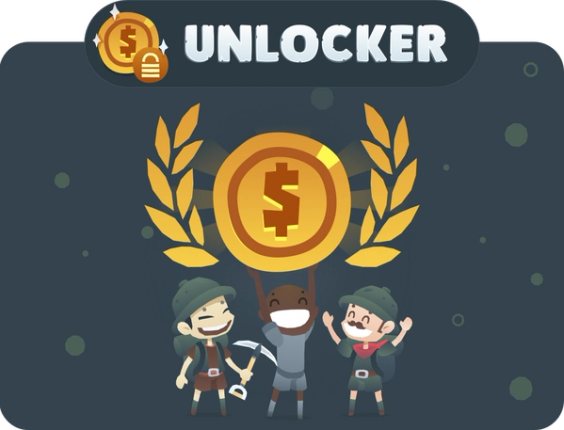 A BitKong explorer holding a giant coin and two explorers to its sides. Above this, the word "Unlocker".