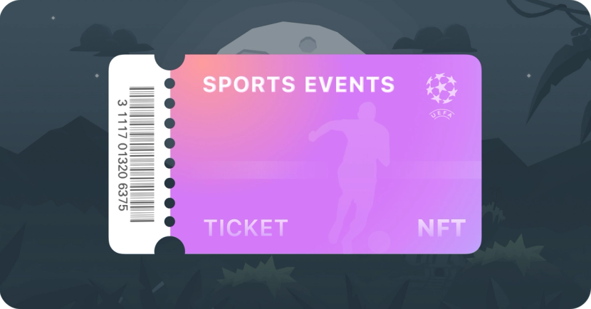 A pink and purple UEFA ticket with the words "Sports events", "Ticket", and "NFT".