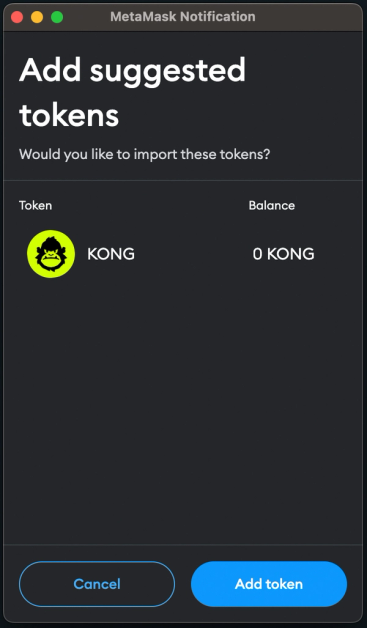 how to add kong into MetaMask add suggested tokens