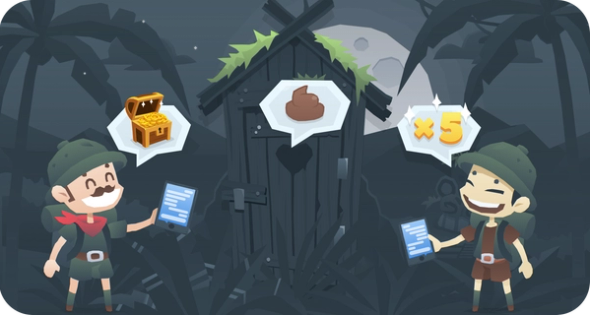 Two BitKong explorers in the jungle standing outside a wooden bathroom. They're holding their mobiles, and talking about chests and multipliers. From the bathroom comes out a speech bubble with a poop icon.