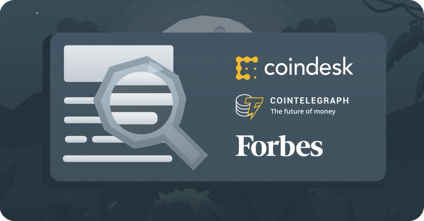 A magnifying glass over a text, and next to it the logos of Coindesk, Cointelegraph and Forbes.