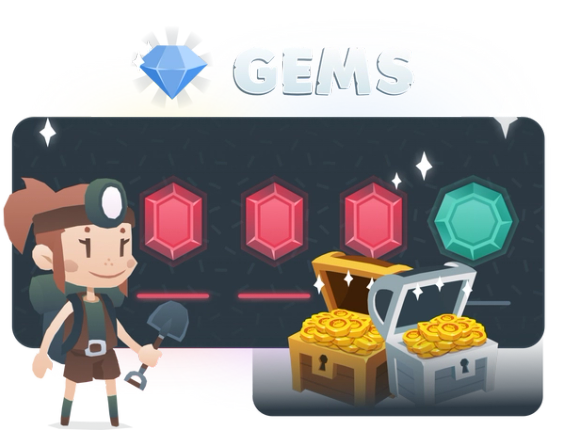 A gem combination in the background, with an explorer standing to its left and two open chests with coins to the right. On top of everything, the word "Gems".