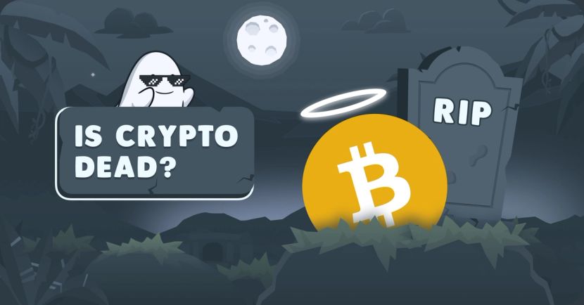 Is crypto dead? blog image with ghost and bitcoin grave