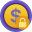 A money icon in the middle of a yellow circle. At the bottom, to the right, a lock icon also inside a yellow circle.