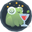 A dizzy frog with a red cocktail.