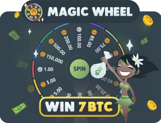 BitKong's Magic Wheel with the text "Win 7 BTC" below. To the right, a girl holding a bag of money, and above all, the words "Magic Wheel".