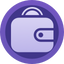 A wallet with a coin peeking out the top in the middle of a purple circle.