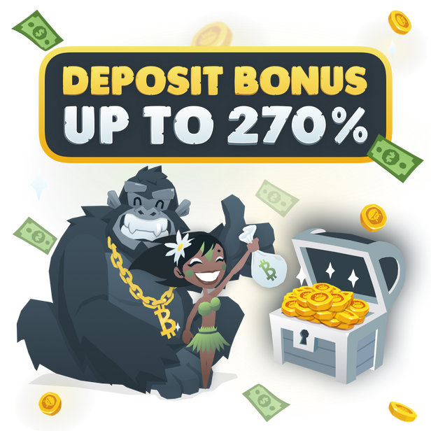 BitKong with a bitcoin chain and a girl holding a money bag standing next to an open chest with coins inside. Above this, the phrase "Deposit Bonus up to 270%".