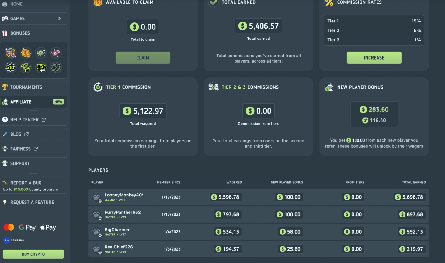affiliate dashboard showing multi level affiliate system on bitkong