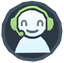 A person with headphones in the middle of a grey circle.