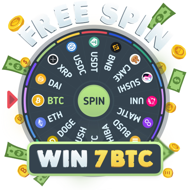 BitKong's Magic Wheel with the words "Free spin" above and "Win 7 BTC" below.