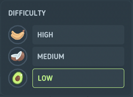 Gems' three difficulty levels: low, medium, and high.