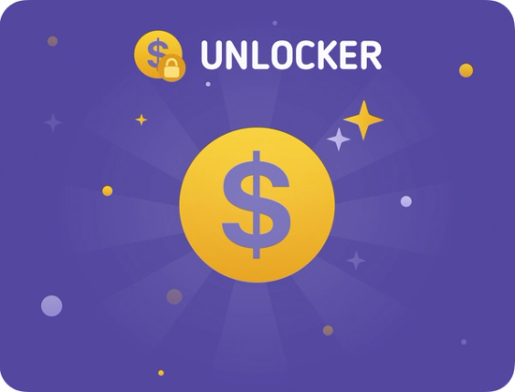 A big money symbol in a yellow circle, and above it, the word "Unlocker".