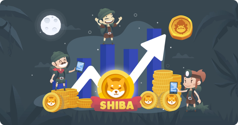 Explorers standing in an ascending bar chart and piles of Shiba Inu coins.