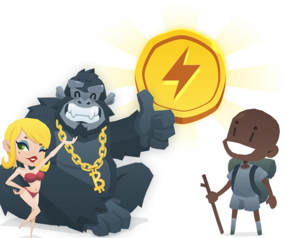 BitKong with a gold bitcoin necklace doing a thumbs up next to a blonde girl in a red bikini. To their right is a BitKong explorer, and above all of the there's a huge Bitcoin Lightning coin.