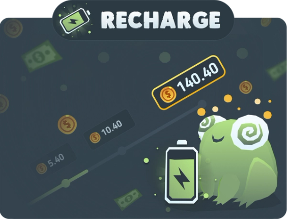 A frog sitting next to a charging battery with the word "Recharge" above them.