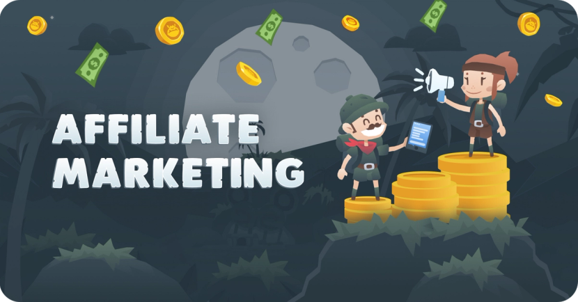 Two explorers standing in a pile of coins, one holding a phone and the other a megaphone. To the left, the words "Affiliate marketing".