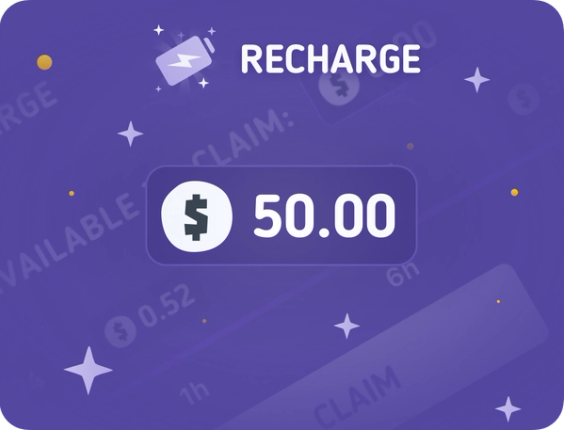 The word "Recharge" is on top next to a charging battery. In the middle of the image, the number "50.00" next to a money sign.