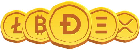 A Dogecoin coin in the center, and to its side four other crypto coins: Litecoin, Bitcoin, XRP, and Ethereum
