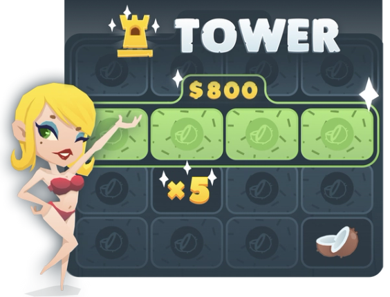A blonde girl with a red bikini winking and standing next to the Tower board game