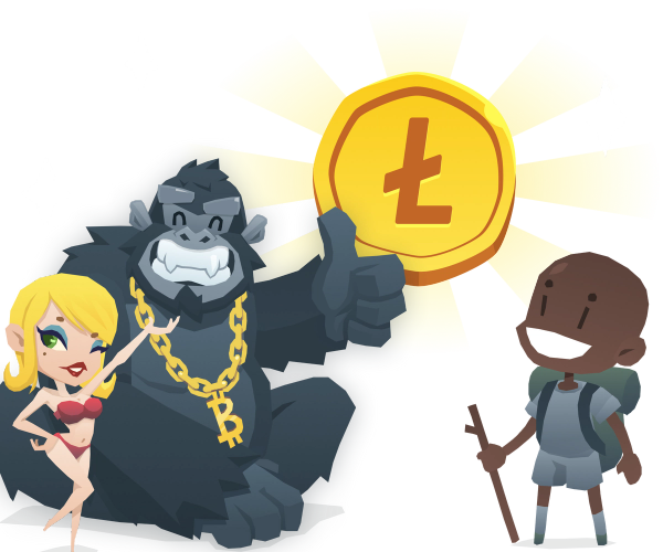 BitKong with a gold bitcoin necklace doing a thumbs up next to a blonde girl in a red bikini. To their right is a BitKong explorer, and above all of the there's a huge Litecoin coin.