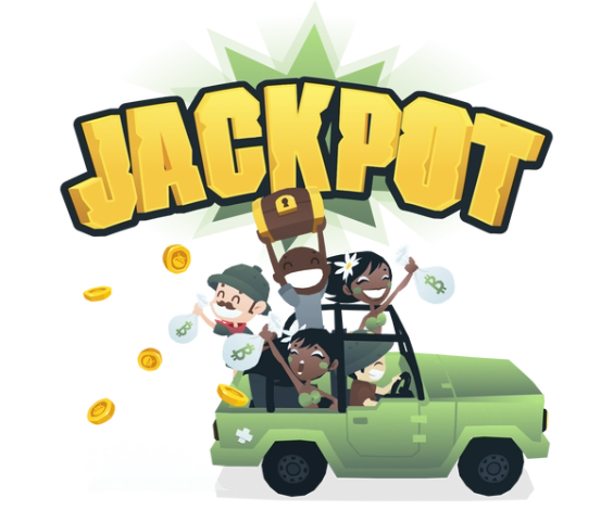 BitKong explorers riding a car and holding money bags with the Bitcoin logo. On top of them, the word Jackpot and many coins.