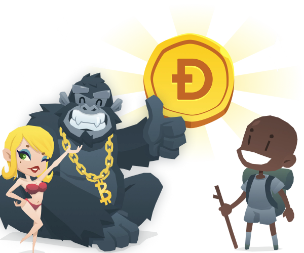 BitKong with a gold bitcoin necklace doing a thumbs up next to a blonde girl in a red bikini. To their right is a BitKong explorer, and above all of the there's a huge Dogecoin.