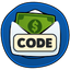 An open envelope with money peeking out and the word "Code" on the envelope, surrounded by a blue circle.