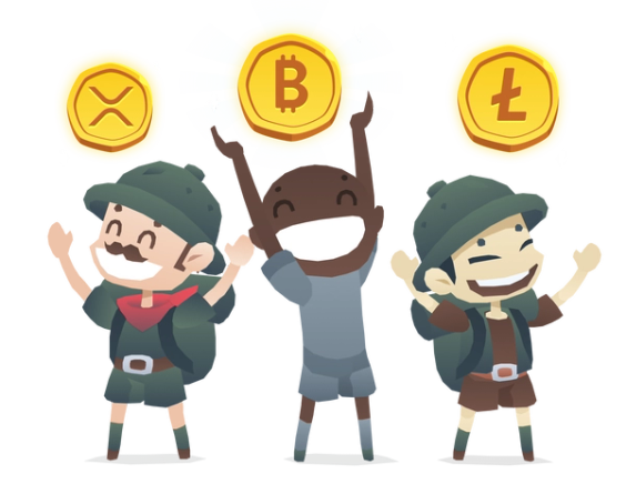 Three happy BitKong explorers putting their hands in the air. Above each one there's a different crypto coin. In the one of the left XRP, in the one of the middle bitcoin, and in the one of the right Litecoin.