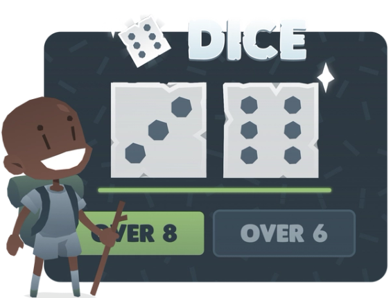 BitKong explorer holding a stick and standing next to the Dice board game