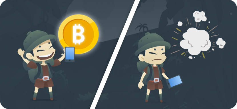To the left, a happy BitKong explorer with a Bitcoin coin. To the right, a sad BitKong explorer because that Bitcoin coin extinguished.