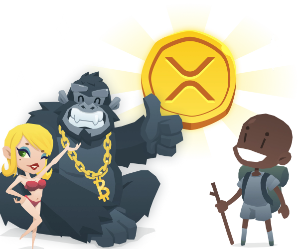 BitKong with a gold bitcoin necklace doing a thumbs up next to a blonde girl in a red bikini. To their right is a BitKong explorer, and above all of the there's a huge XRP coin.