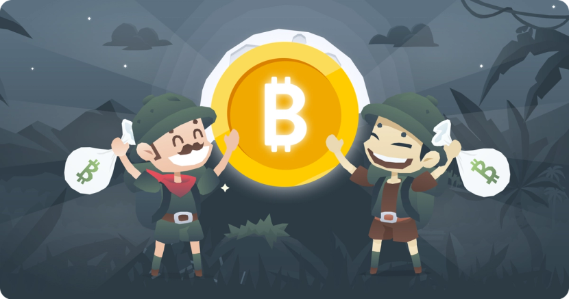 Two happy BitKong explorers holding bitcoin money bags. In the background, there's a huge bitcoin.