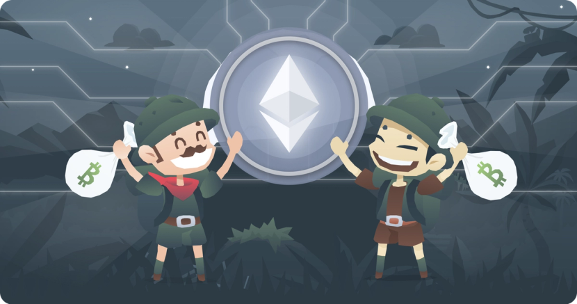 Happy BitKong explorers holding crypto money bags, and a huge Ethereum network logo in the back