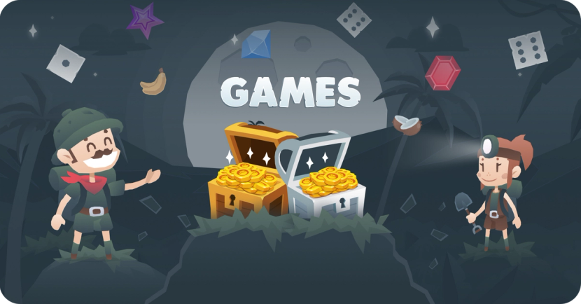 Two open chests with coins coming out of them. Two explorers are standing to the sides and above all the word "Games".