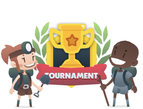 A golden trophy with two leafs in the sides, and a red sign that says "Tournament". To the sides of this, two BitKong explorers.