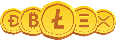A Litecoin coin in the center, and to its side four other crypto coins: Dogecoin, Bitcoin, XRP, and Ethereum