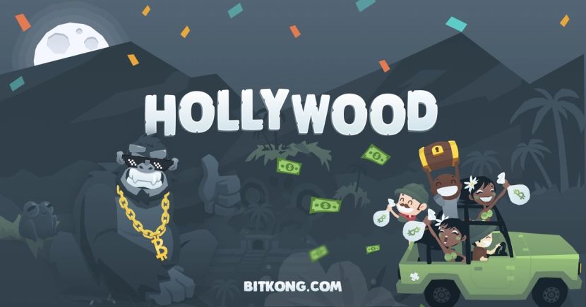 Hollywood sign with BitKong gorilla and explorers loaded with crypto