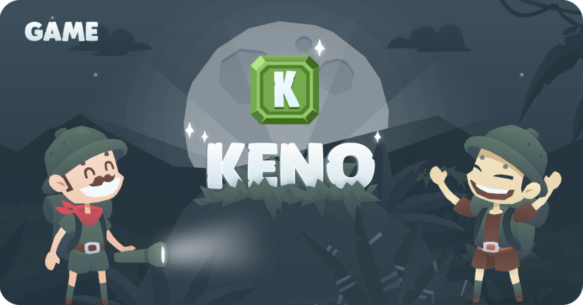 Two BitKong explorers standing to the sides of Keno's logo.