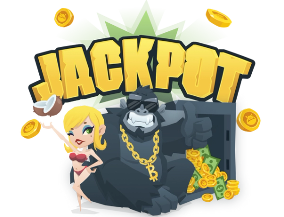 BitKong with glasses and a golden bitcoin necklace, giving a thumbs up. Next to him, a blonde girl in a red bikini blinking her left eye. In the background there is an open safe with bills and crypto coins coming out. Above them, a word saying "Jackpot" and some coins floating around.