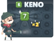 BitKong explorer holding a flashlight and standing next to the Keno board game