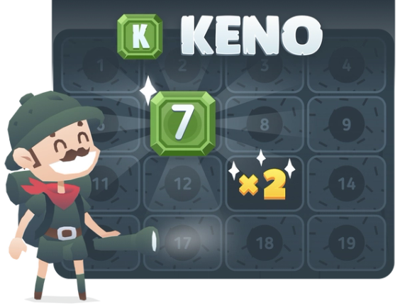 BitKong explorer holding a flashlight and standing next to the Keno board game