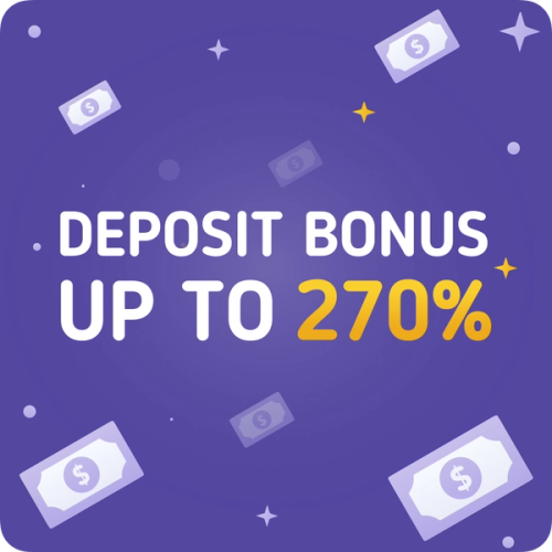 Bills raining in the background and the phrase "Deposit Bonus up to 270%" in the middle.