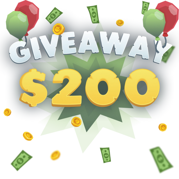 Text saying "Giveaway $200". The word "Giveaway" is held by balloons and in the background coins and bills floating around.
