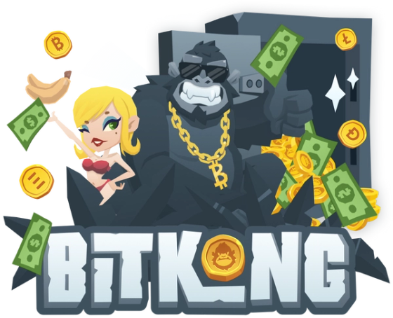 BitKong with glasses and a golden bitcoin necklace, giving a thumbs up. Next to him, a blonde girl in a red bikini blinking her left eye. In the background there is an open safe with bills and crypto coins coming out. Below them, the BitKong logo.